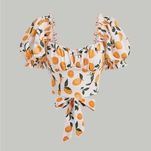 SHEIN 🍊Women’s White Orange Print Puff Sleeve Tie-Front Crop Top